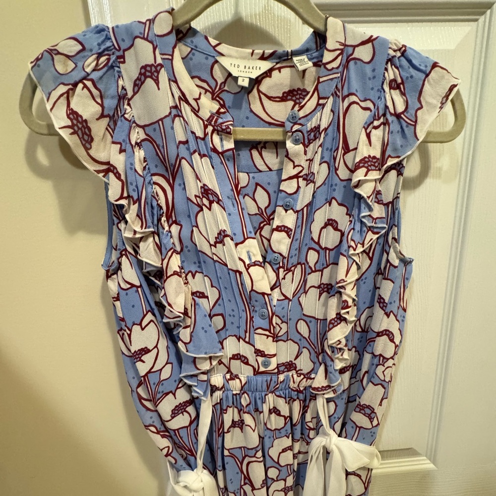 Ted Baker London Floral Ruffle Blouse Blue White Tie Waist Top Size 2